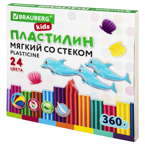 Пластилин мягкий восковой BRAUBERG KIDS, 24цв., 360г, со стеком, 106498