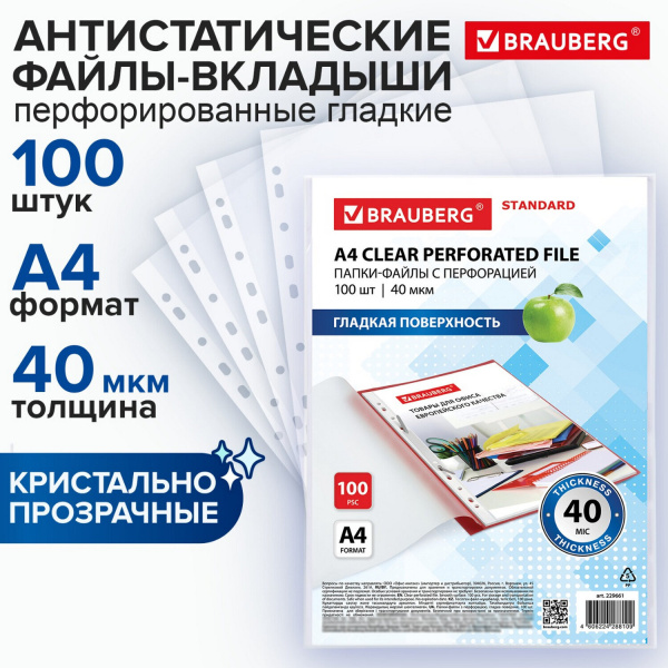 Папки-файлы перфорированные А4 BRAUBERG "STANDARD", КОМПЛЕКТ 100 шт., гладкие, 40 мкм, 229661