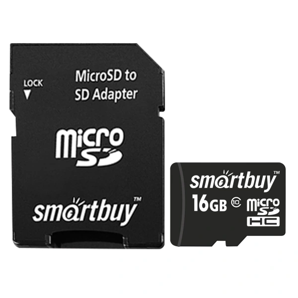 Карта памяти microSDHC 16GB SMARTBUY, 10 Мб/сек (class 10), с адаптером, SB16GBSDCL10 SB16GBSDCL10-0 512804