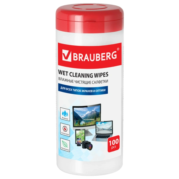 Салфетки для экранов всех типов и оптики BRAUBERG, туба 100 шт, влажные, 510122