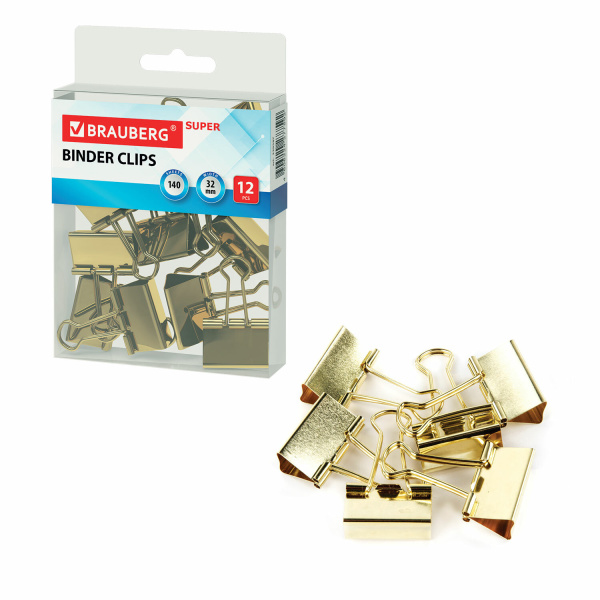 Зажимы для бумаг BRAUBERG EXTRA, КОМПЛЕКТ 12 шт, 32 мм, на 140 л, золотистые, европодвес, 229587