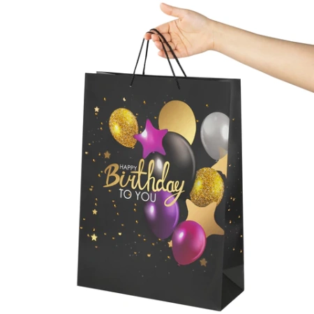 Пакет подарочный 33x13x45 см, ЗОЛОТАЯ СКАЗКА "Happy Birthday", фольга, черный, КОМПЛЕКТ 12ШТ 608240 - МСК «Форвард»