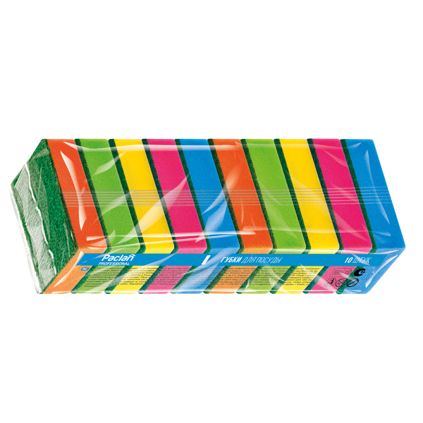 Губки для посуды Paclan "Professional", 8*5*2,5см, КОМПЛЕКТ 10шт, поролон с абразивным слоем 409015/409017 133300 - МСК «Форвард»