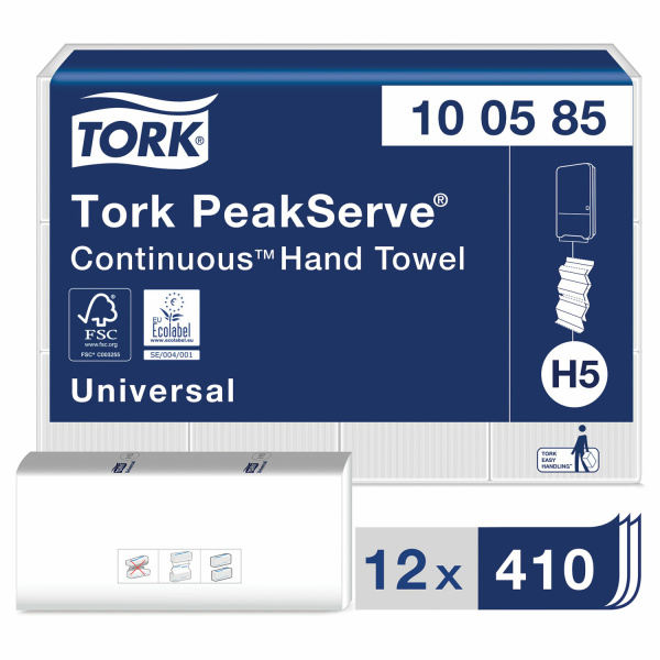 Полотенца бум. 410шт, TORK (Система H5) PeakServe, Universal, КОМПЛЕКТ 12шт, 22,5x20см, W, 100585 129996