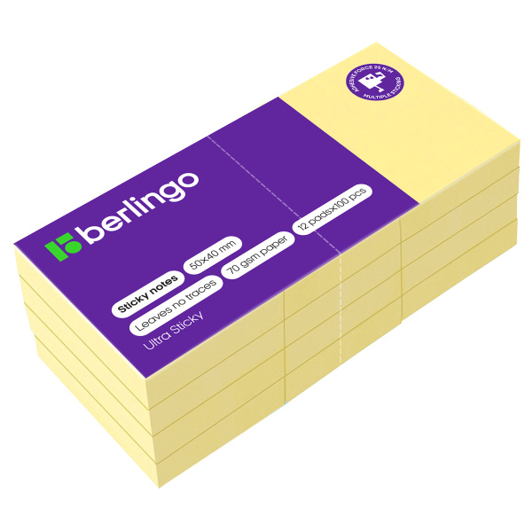 Блок самоклеящийся (стикеры) Berlingo "Ultra Sticky", 50*40мм, 12 блоков по 100л., пастель, желтый LSn_39000 270271