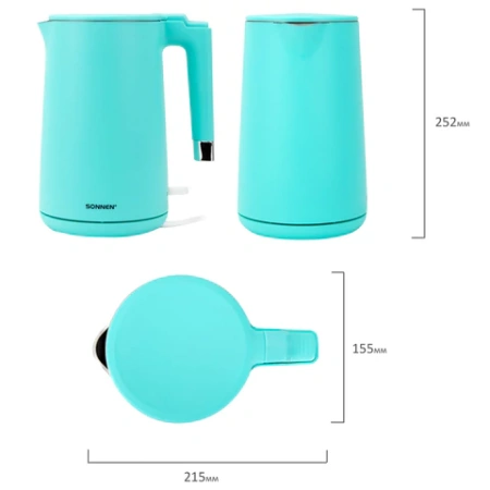 Чайник электрический с двойными стенками SONNEN KT-8719M, 1,5 л, 2200 Вт, мятный, 454694 - МСК «Форвард»