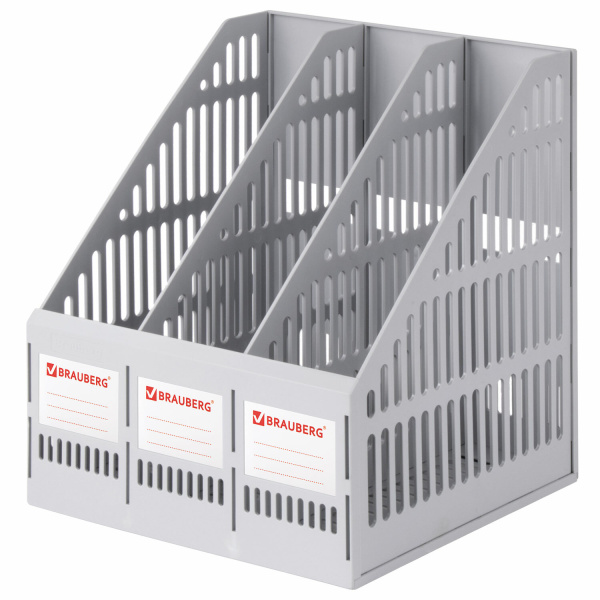 Лоток вертикальный для бумаг BRAUBERG "SMART-MAXI" (254х255х297 мм), 3 отд.,сетч.,сборный,сер,231524
