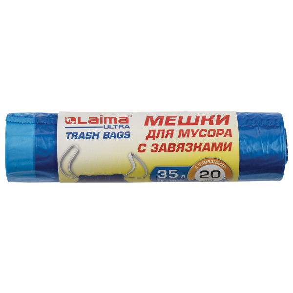 Мешки для мусора с завязками LAIMA ULTRA 35л синие рулон 20шт особо прочн.,ПВД 20мкм,50х60см, 607689
