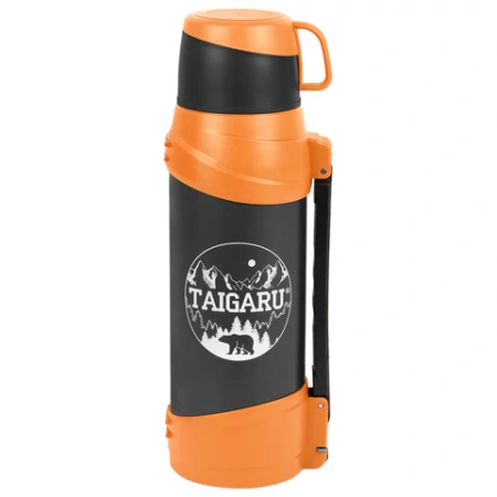 Термос классический, нержавеющая сталь, 2 л, оранжево-серый, 2 кружки, ручка + ремешок, TAIGARU (ТАЙГАРУ), 608817 - МСК «Форвард»