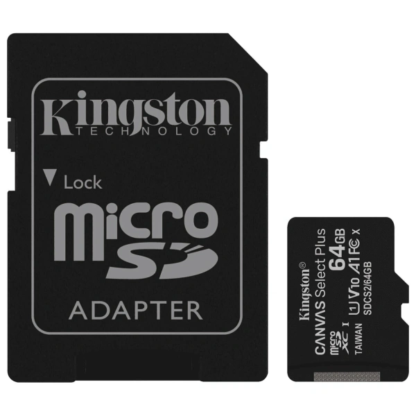 Карта памяти microSDXC 64GB KINGSTON Canvas Select Plus,UHS-I U1,100 Мб/с(class 10),адап, SDCS2/64GB 513487