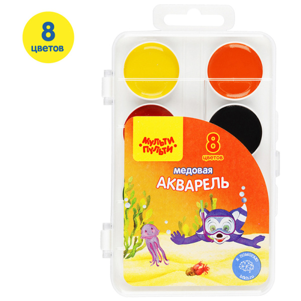 Акварель Мульти-Пульти "Енот в Красном море", медовая, 08 цветов, без кисти, пластик, европодвес АП_10703 240038 - МСК «Форвард»