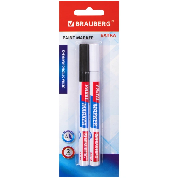 Маркер-краска лаковый EXTRA (paint marker) 2 мм, НАБОР 2 цвета, БЕЛЫЙ/ЧЕРНЫЙ, BRAUBERG,151993