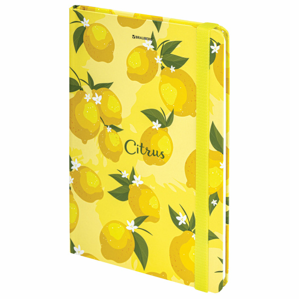 Блокнот с резинкой без линовки 96л, А5 145х203, твердая обложка, BRAUBERG, Lemons, 113727