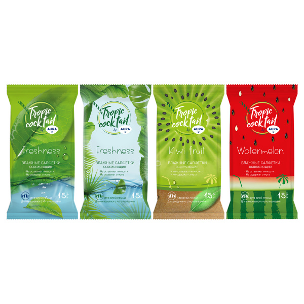 Салфетки влажные 15шт Aura "Tropic coctail", освежающие, ассорти 4600999007569 2309603
