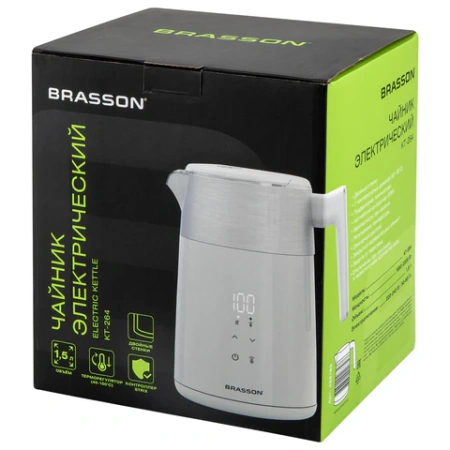 Чайник с двойными стенками, терморегулятором и дисплеем BRASSON (БРАССОН) KT-264, 1,5 л, 2200 Вт, 7 температурных режимов, белый, 455193 - МСК «Форвард»