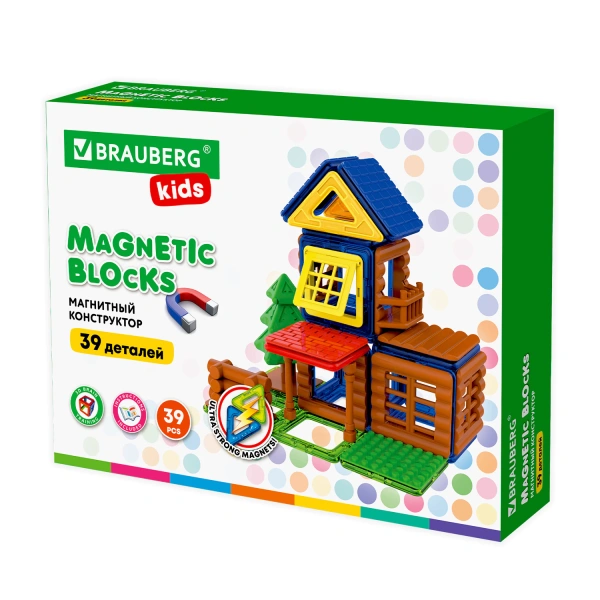 Магнитный конструктор MAGNETIC BUILD BLOCKS-39 "Построй дом", 39 деталей, BRAUBERG KIDS, 663849