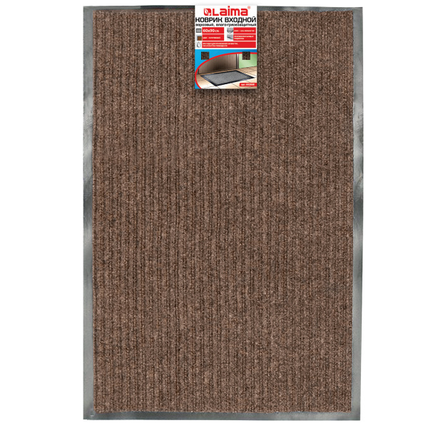 Коврик входной ворсовый влаго-грязезащитный 60*90см толщина 7мм, ребристый, коричневый, LAIMA 602868
