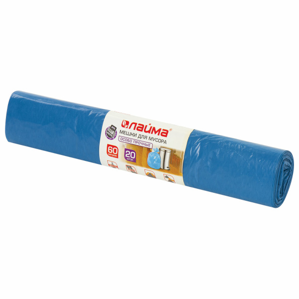Мешки для мусора 60л синие в рулоне 20 шт особо прочные, ПВД 30 мкм, 60х70см, LAIMA, 601382
