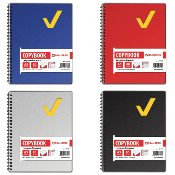 Тетрадь-блокнот 80л. А5 160*207мм BRAUBERG клетка, гребень, обложка пластик, 1разд, Tag, 401800