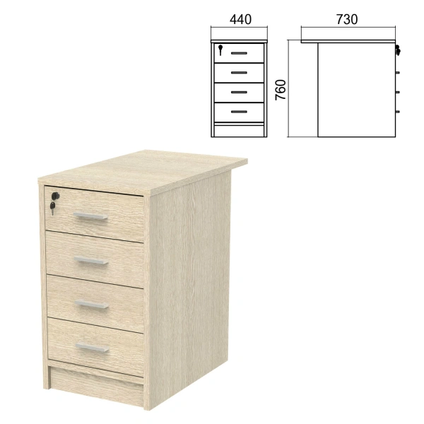 Тумба приставная "Арго", 440х730х760 мм, 4 ящика, замок, ясень шимо (КОМПЛЕКТ) 981543
