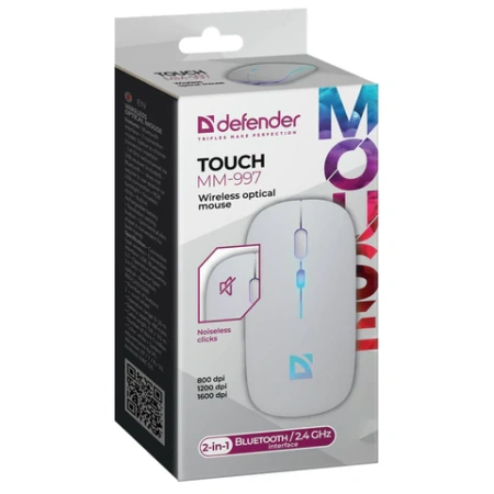 Мышь беспроводная DEFENDER TOUCH MM-997, USB, 3 кнопки+1 колесо-кнопка, оптическая, белая, 52998 513826  - МСК «Форвард»
