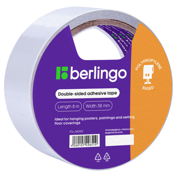 Клейкая лента двусторонняя Berlingo, 38мм*8м, основа-полипропилен FSn_380812 268410