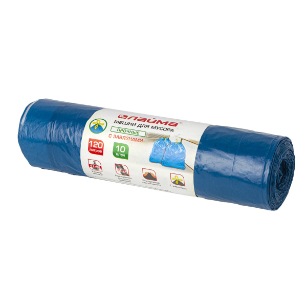 Мешки для мусора с завязками 120л синие в рулоне 10 шт прочные, ПВД 35 мкм, 67х90см, LAIMA, 601399