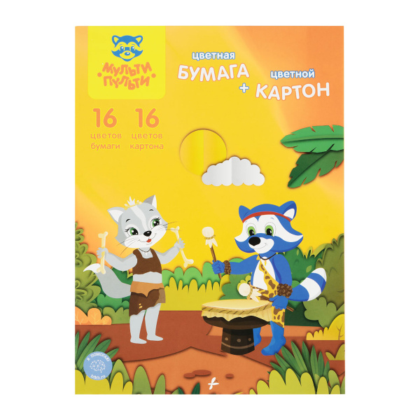 Набор А4 цв. мелов. картона, 16л., 16цв. и цв. двустор. офсет. бумаги, 16л., 16цв., Мульти-Пульти "Приключения Енота", в папке БК16-16_31580 298144