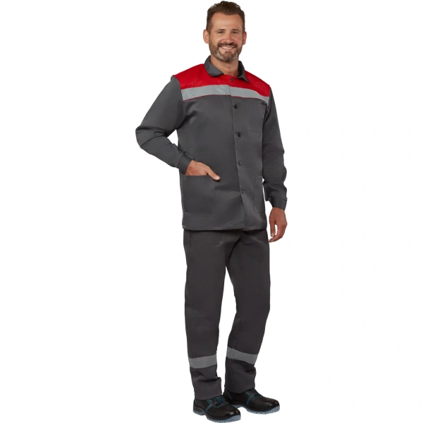 Костюм рабочий летний мужской л16-КБР с СОП серый/красный (размер 112-116 (56-58), рост 182-188) 1909513