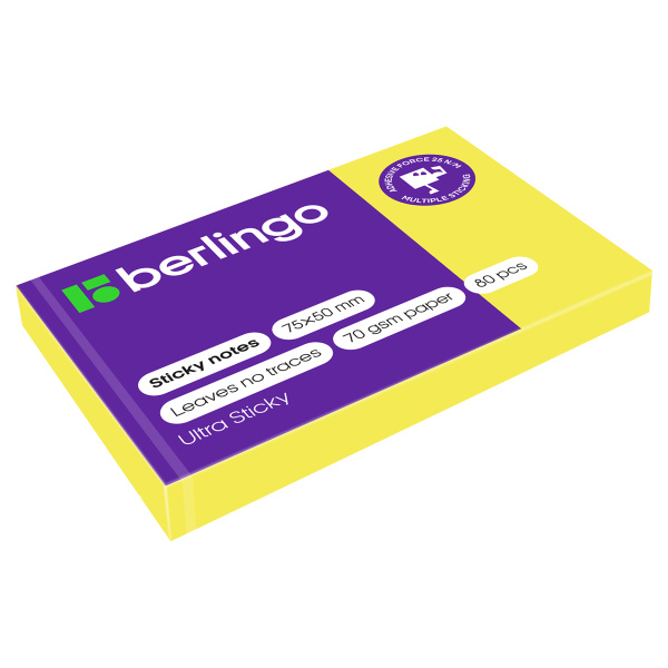 Блок самоклеящийся (стикеры) Berlingo "Ultra Sticky", 50*75мм, 80л., желтый неон LSn_39410 287182 - МСК «Форвард»