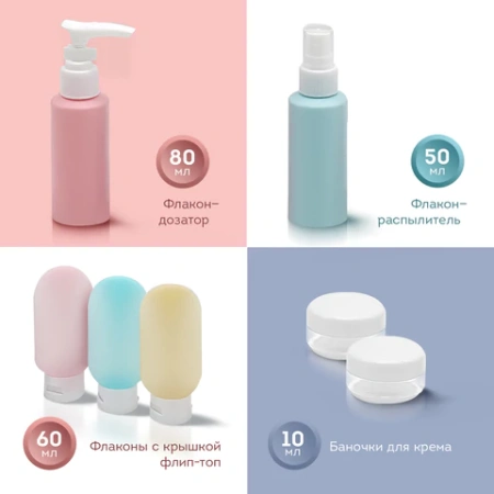 Дорожный набор флаконов в косметичке, 7 флаконов (5х60 мл / 2х10 мл), DASWERK (ДАСВЕРК), 609301 - МСК «Форвард»